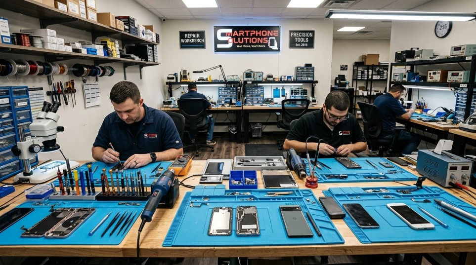 Phone repair workbench at a shop in El Paso, TX