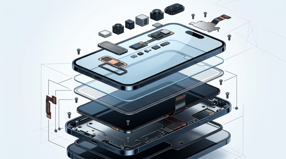 Diagram showing the layers of an iPhone display assembly