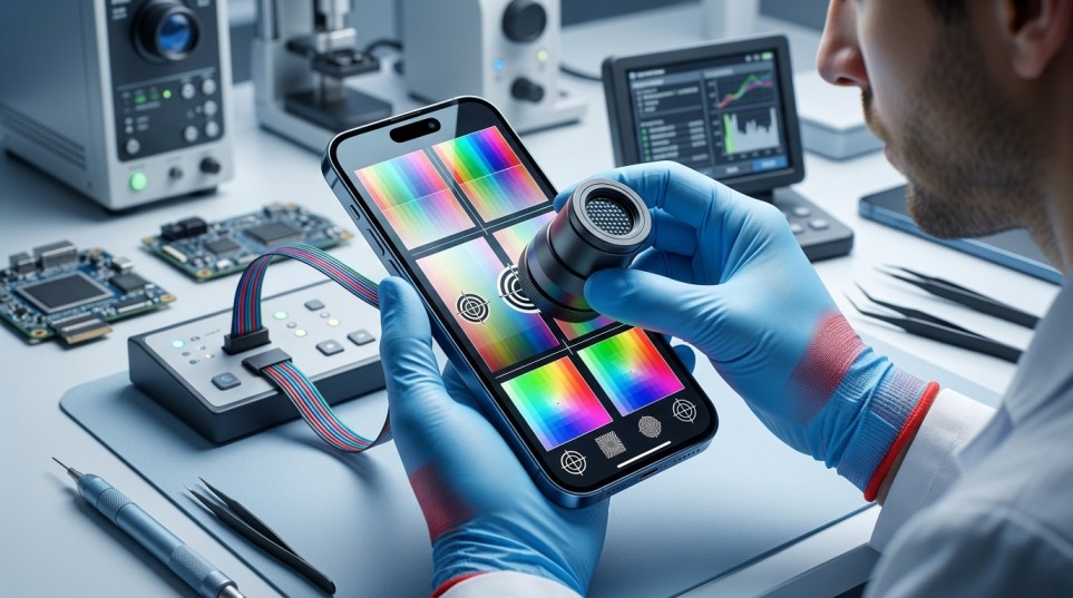 Technician calibrating a newly installed iPhone display